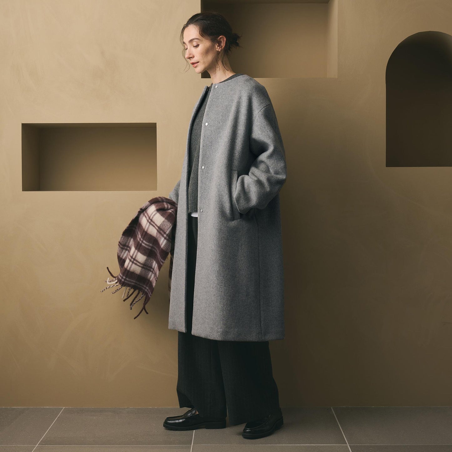 毛ナイロン ノーカラーコート