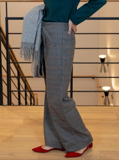 ワイドチェック柄ベルトパンツ