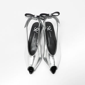 ＜SY＞ポインテッドピープトゥリボンバックベルト パンプス45●↑