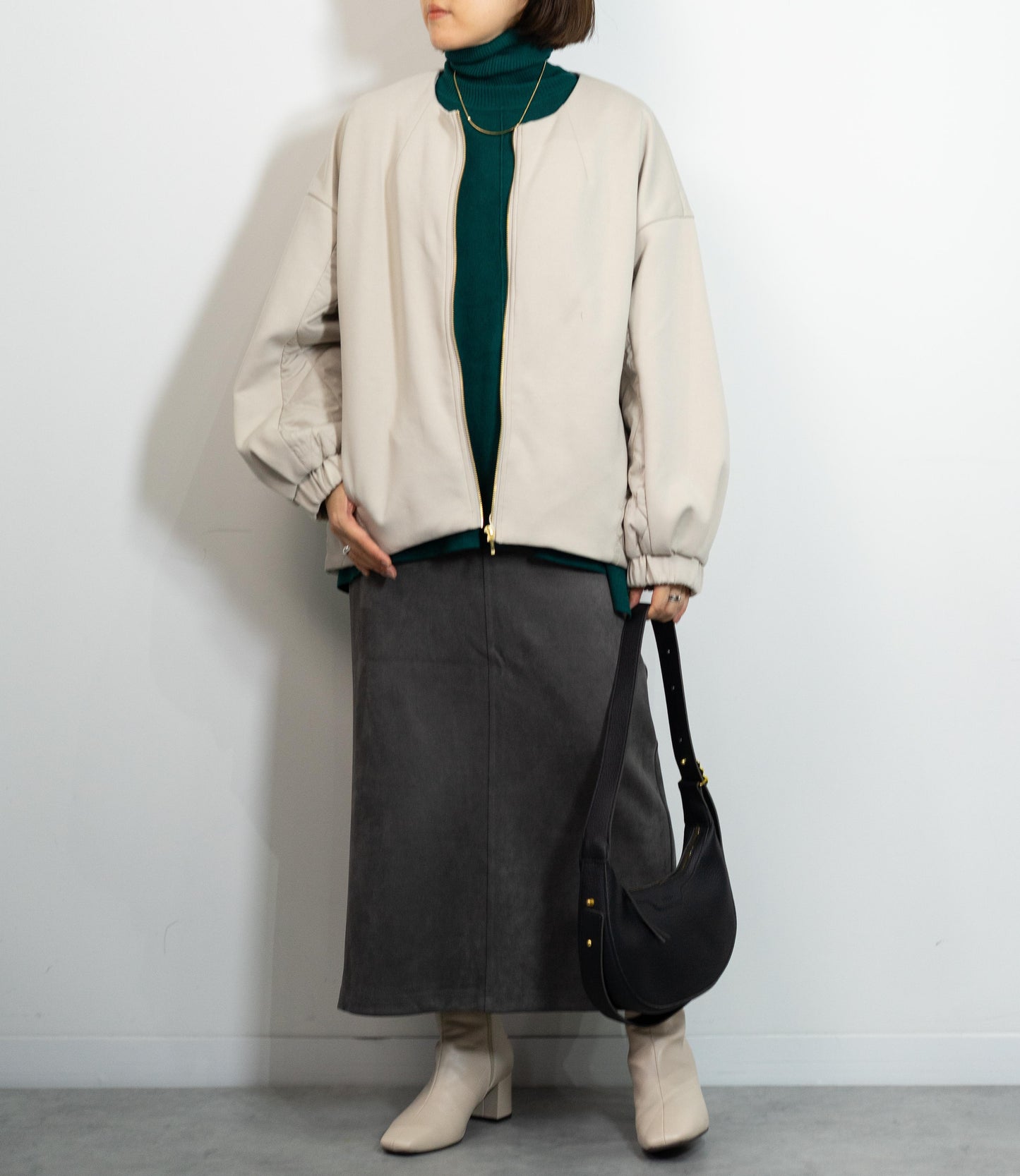 キルティング切替ノーカラーコート