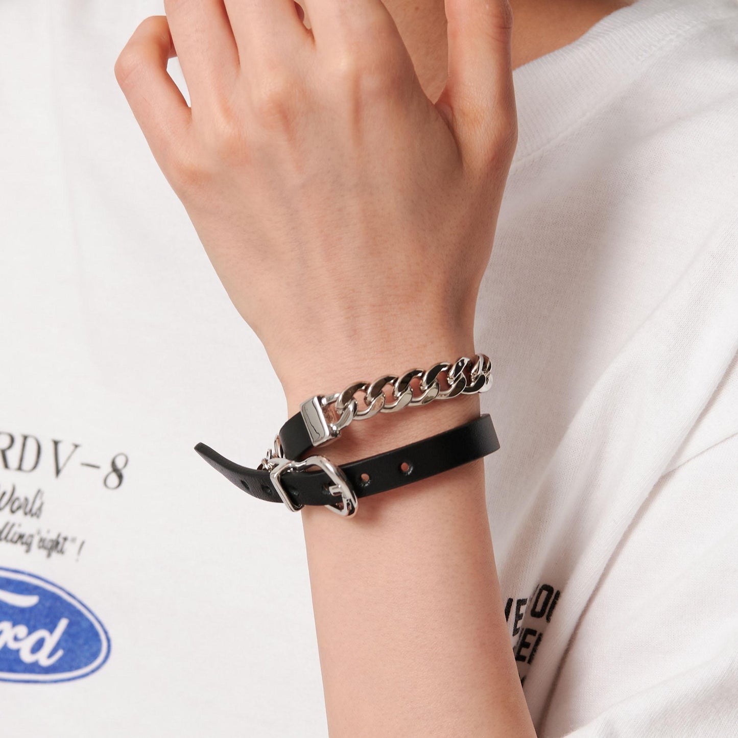 メタルチェーン×レザーベルト ブレスレット