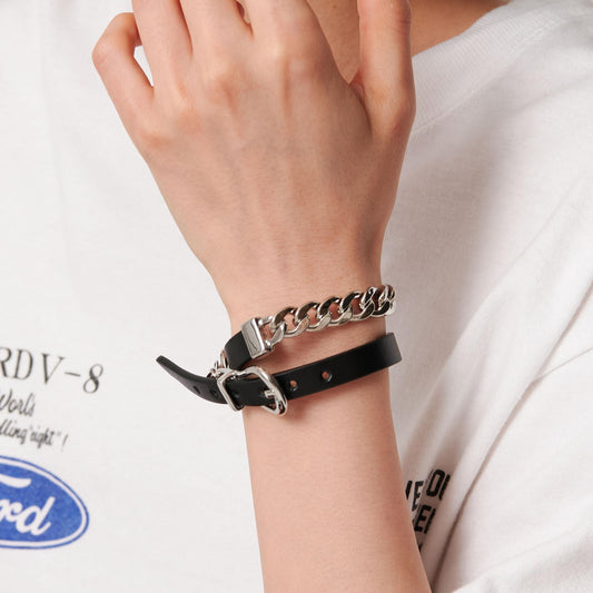 メタルチェーン×レザーベルト ブレスレット