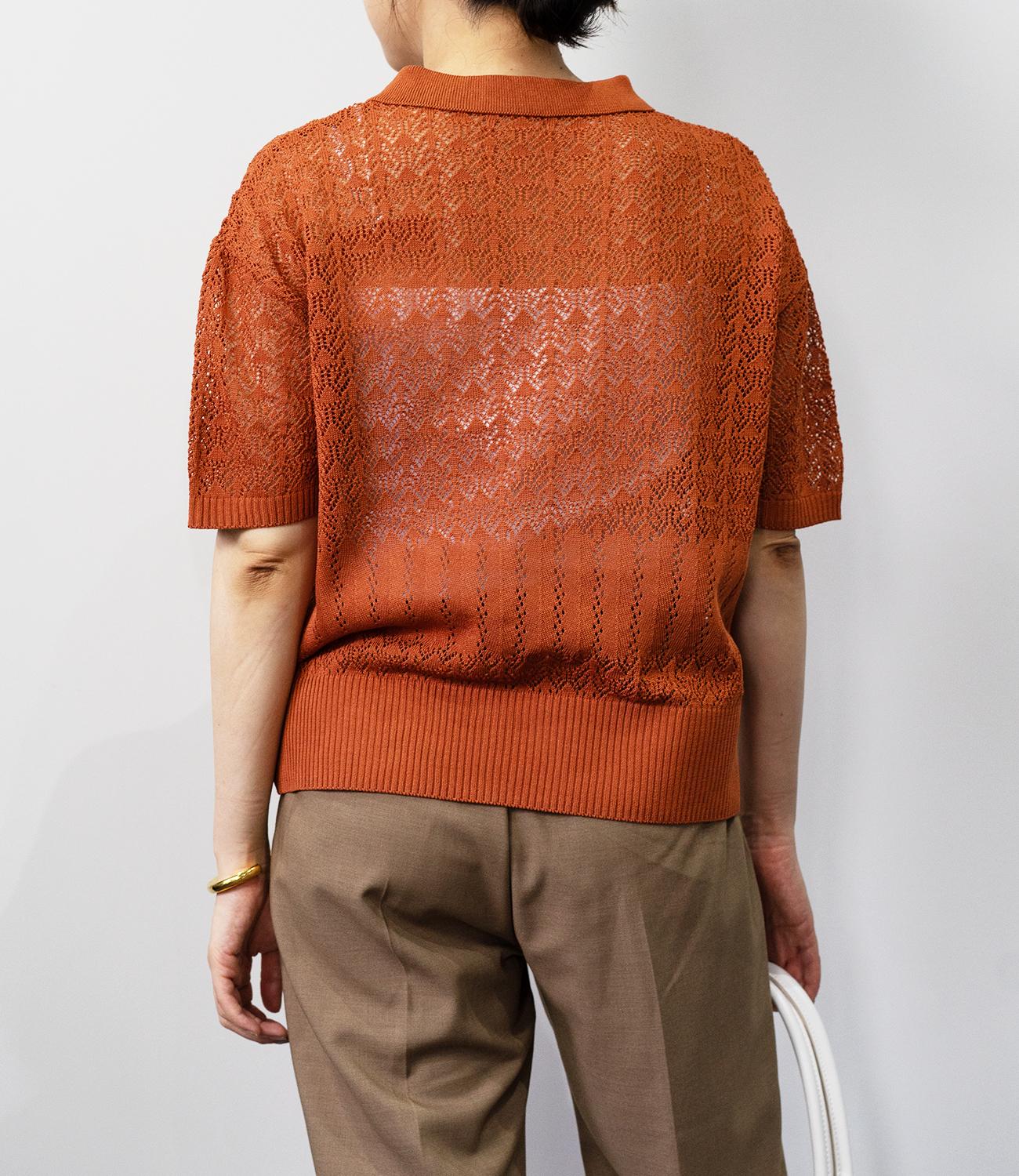 透かし編みポロニットトップス