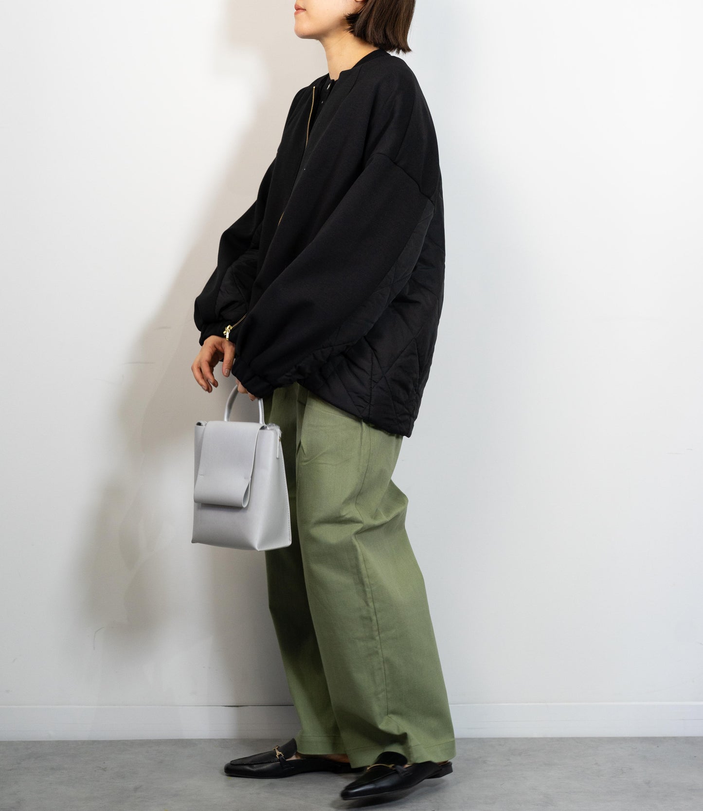 キルティング切替ノーカラーコート