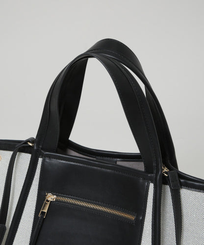 キャンバス×フェイクレザーポケットバッグ