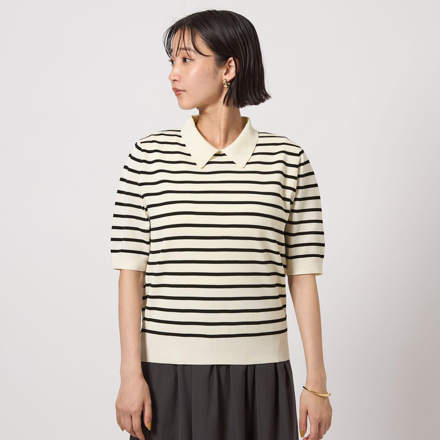 襟付き 5分袖 プルオーバー ニット