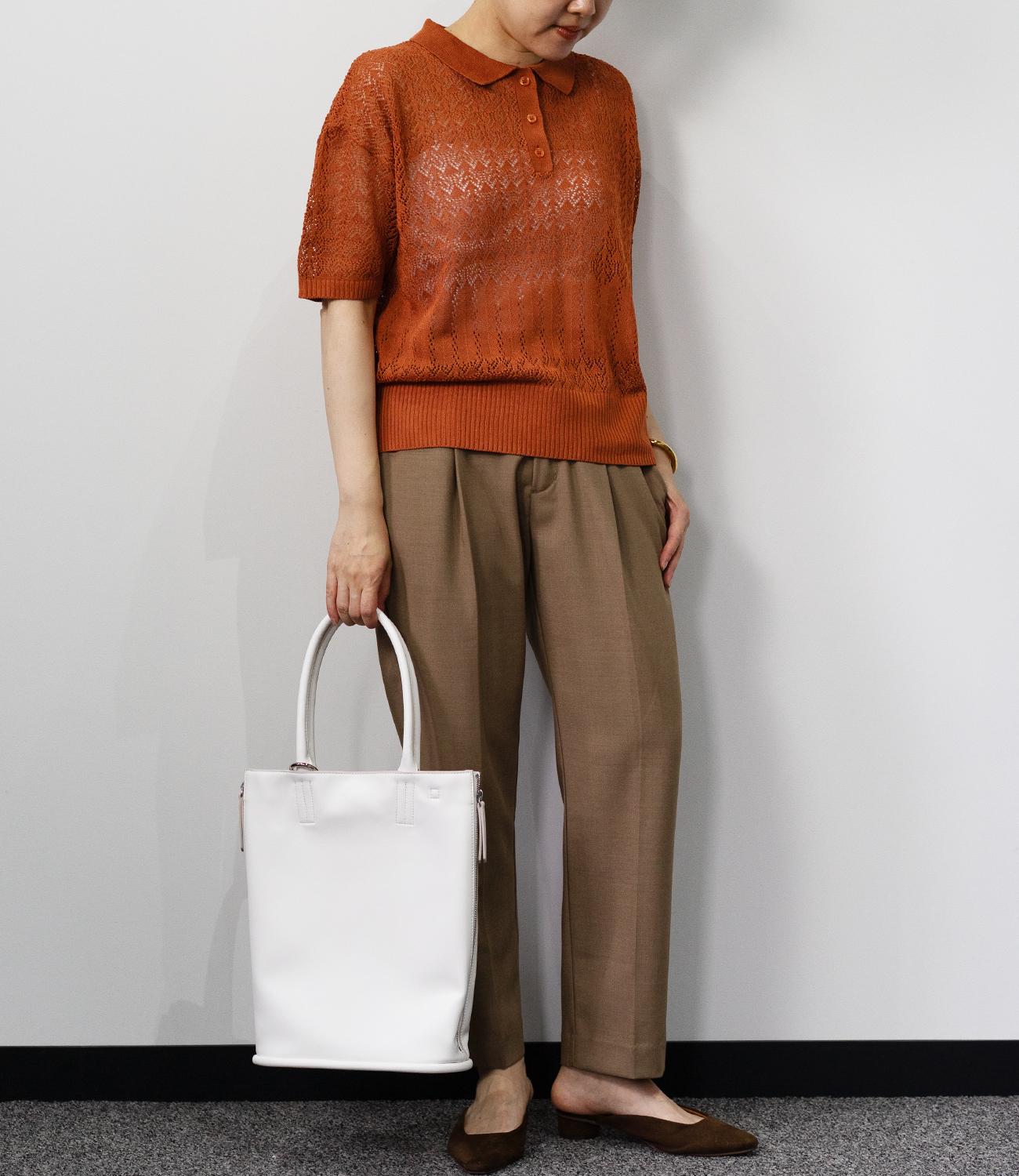 透かし編みポロニットトップス