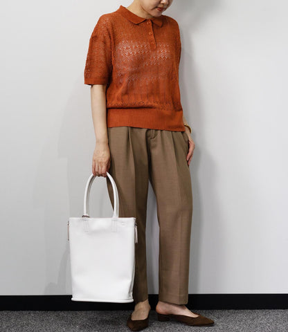 透かし編みポロニットトップス