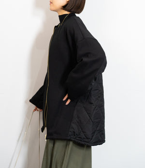 キルティング切替ノーカラーミディコート