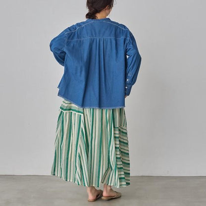 バンドカラーカジュアルデニムシャツ