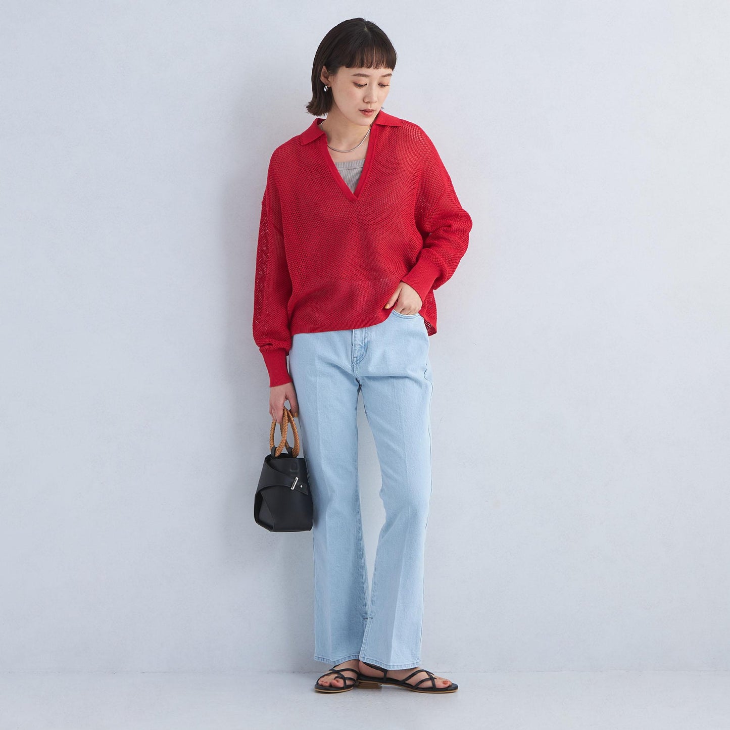 メッシュ スキッパー ニット プルオーバー -ウォッシャブル-