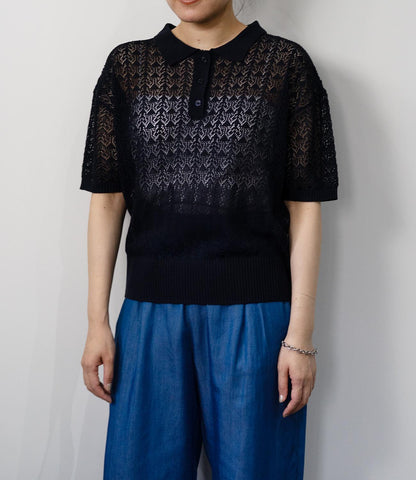 透かし編みポロニットトップス