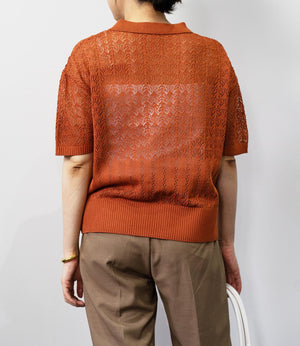 透かし編みポロニットトップス