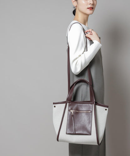 キャンバス×フェイクレザーポケットバッグ