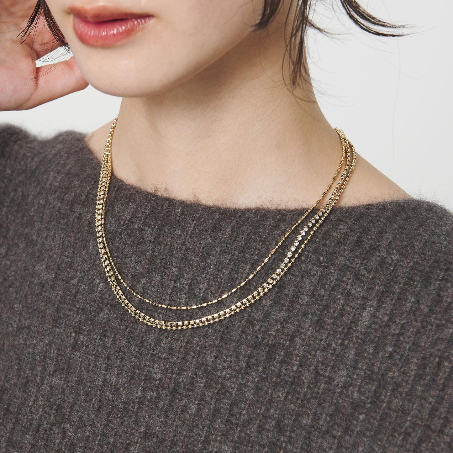 ガラス×チェーン 3連 ネックレス