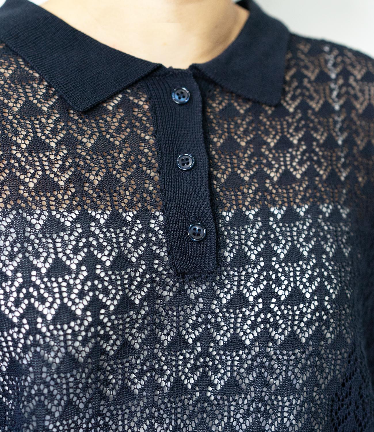 透かし編みポロニットトップス