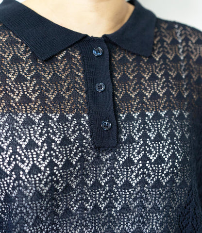 透かし編みポロニットトップス