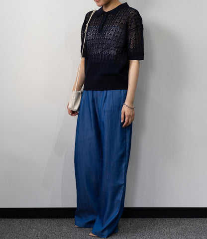 透かし編みポロニットトップス