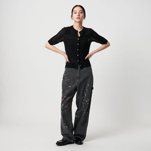 ウールナイロン クルーネックハーフスリーブカーディガン