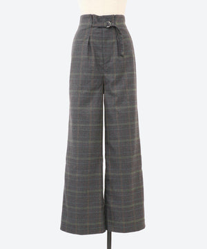 ワイドチェック柄ベルトパンツ
