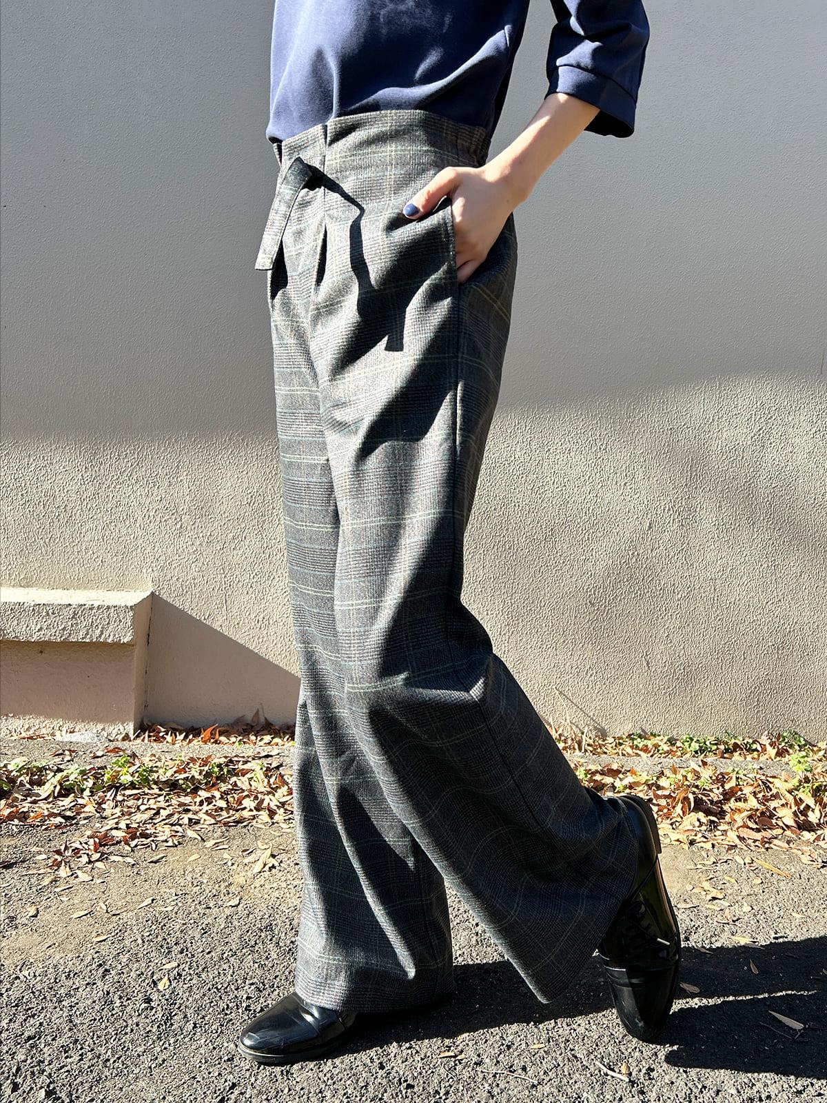 ワイドチェック柄ベルトパンツ