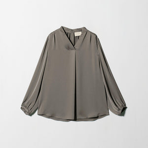 バック サテン Vネック ロングスリーブ ブラウス ‐ウォッシャブル‐