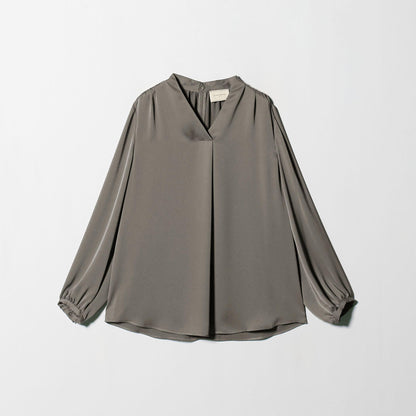 バック サテン Vネック ロングスリーブ ブラウス ‐ウォッシャブル‐