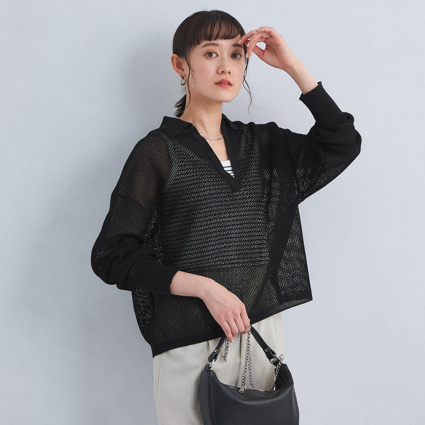 メッシュ スキッパー ニット プルオーバー -ウォッシャブル-