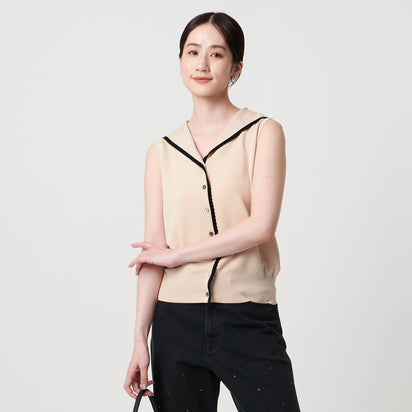 Drawen ネイビー ノースリーブニット38 サイドバイカラーラインノースリーブニットトップス［N1100