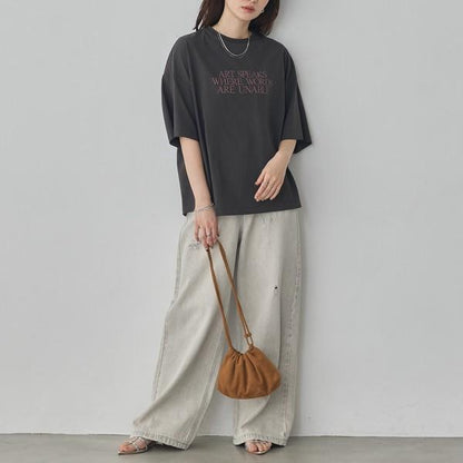 USAコットンアシンメトリーレタリングTシャツ