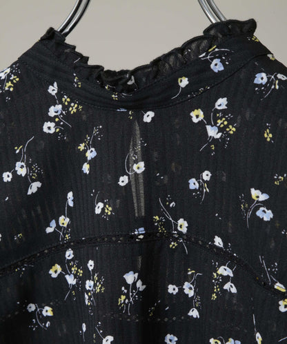 フラワープリントスタンドフリルブラウス(セットアップ可)