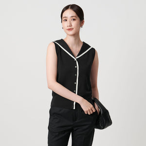 スカラップ セーラー ノースリーブ ニット ウォッシャブル