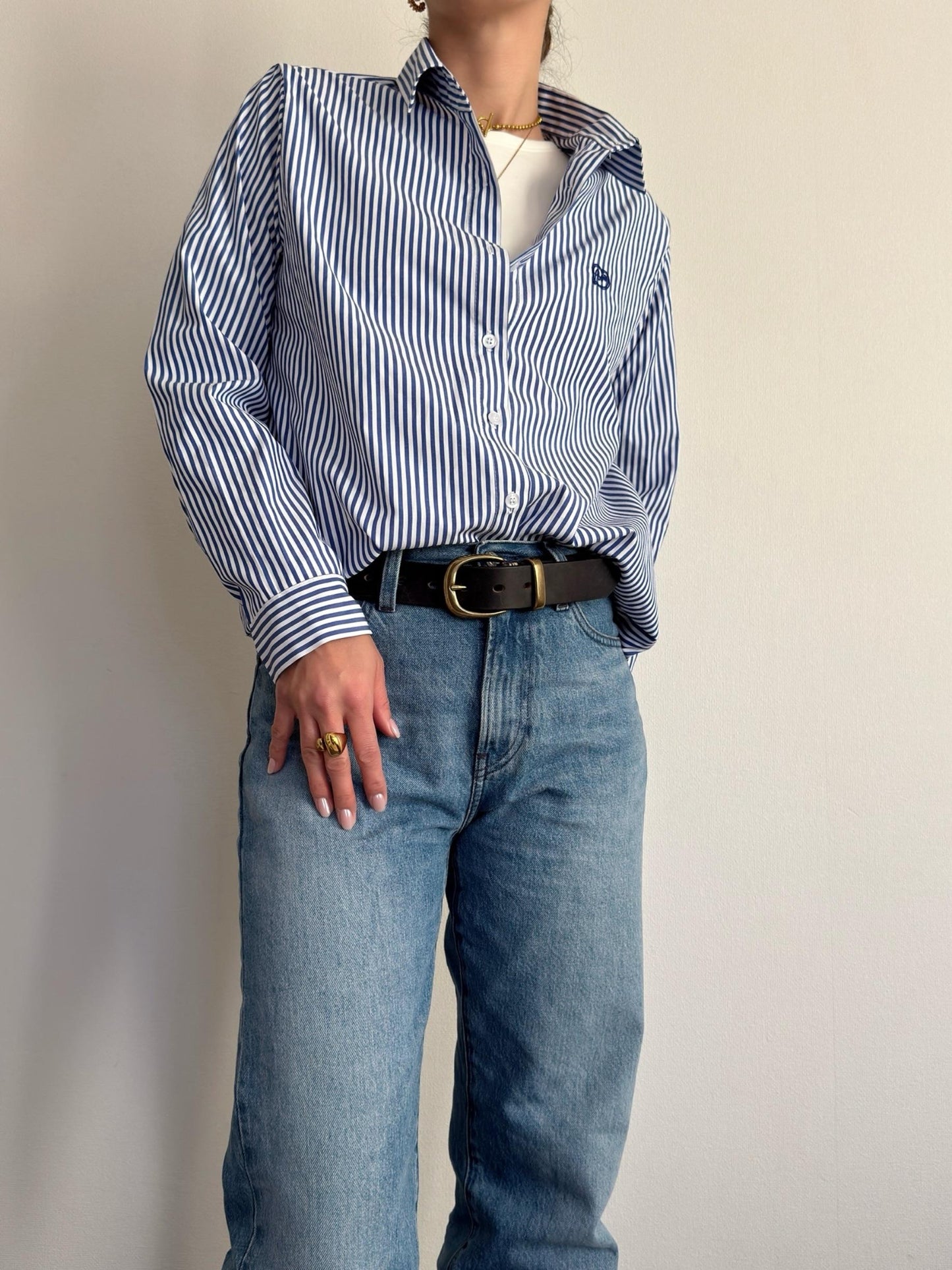 ハートロゴ刺繍ストライプシャツ