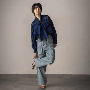 シアーオンブレチェックボウタイブラウス≪手洗い可能≫