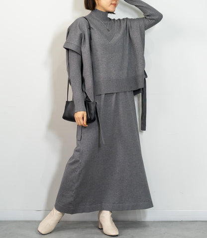 Vネックベストスリムワンピースアンサンブル