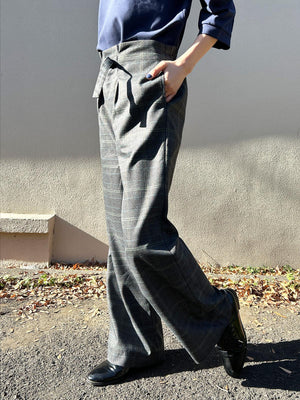 ワイドチェック柄ベルトパンツ