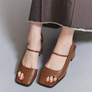 レザーライク オープントゥ バックストラップミュール