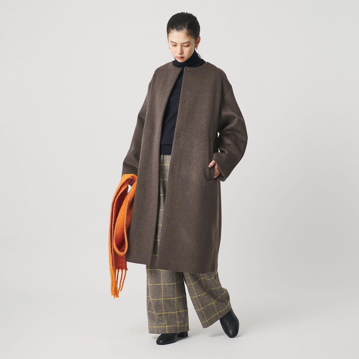 毛ナイロン ノーカラーコート