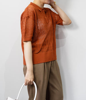 透かし編みポロニットトップス