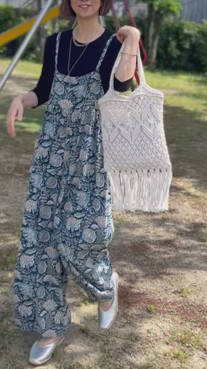 BLOCKPRINT ネイビーボタニカルサロペット