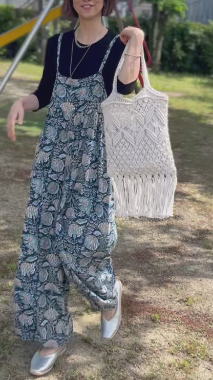 BLOCKPRINT ネイビーボタニカルサロペット